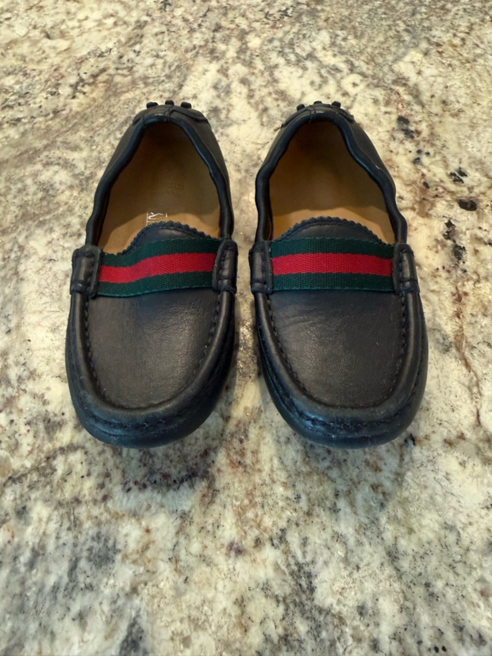 Gucci Kids Black Leather Moccasins with Green and Red Web